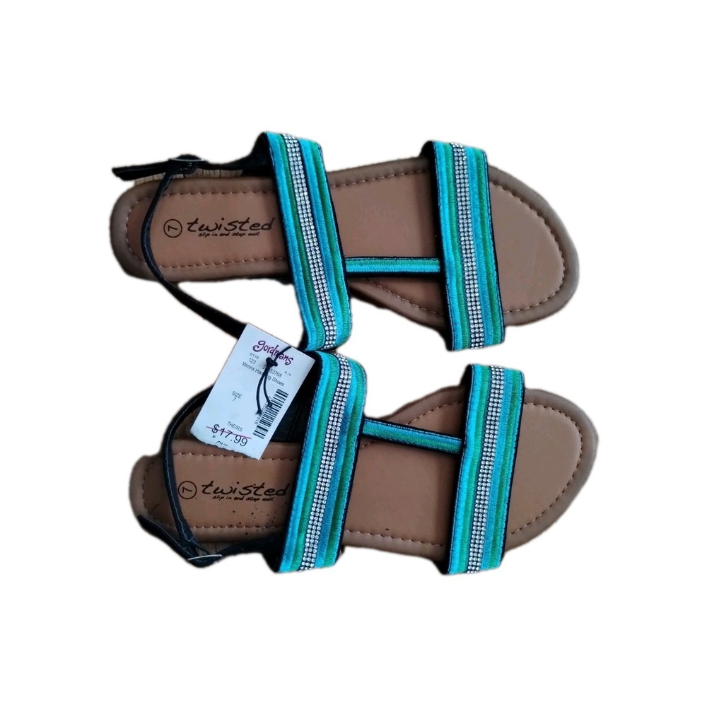 Twisted Women's Size 7 Black Teal Sparkle Strap Sandals
